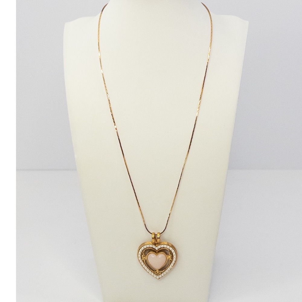 Gold Tone Pink Heart Pendant Necklace White Faux Pearl Accents Vintage Y2K 90s